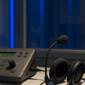 Dolmetschertechnik mit Headset und Mikrofon als Teil professioneller Tontechnik.