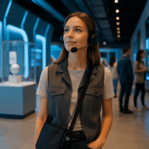 Frau mit Headset und tragbarem Empfänger als Teil einer Personenführungsanlage in der Tontechnik.