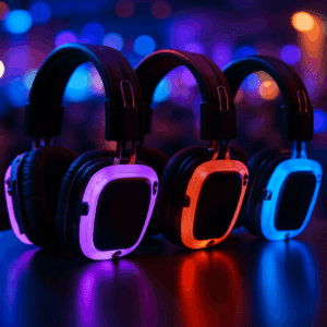 Leuchtende Silent-Disco-Kopfhörer als moderner Bestandteil der Tontechnik für Events.