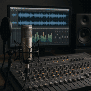 Aufnahmestudio mit Mikrofon, Mischpult und Bildschirm zur Audiobearbeitung.