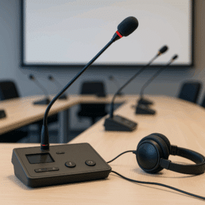 Konferenztechnik mit Tischmikrofonen und Headset in einem modernen Tagungsraum.