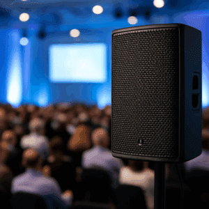 Lautsprecheranlage auf Stativ in einem Konferenzsaal mit Publikum.